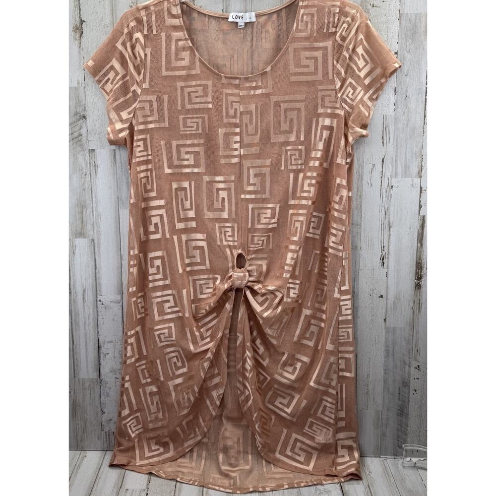 LOVE J Women's Plus Size 1X Rose Gold Short Sleeve Tie-Knot Cover-Up Sheer Dress